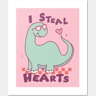 I Steal Hearts Cute Dinosaur With Heart Glasses Valentines Day Posters and Art